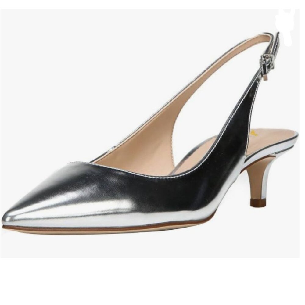 YDN Silver Low Heels Office Pumps Pointed Toe Comfy Shoes with Slingback